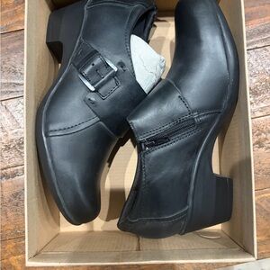 Clarks Black Leather Slip-On Oxfords with Side Buckle